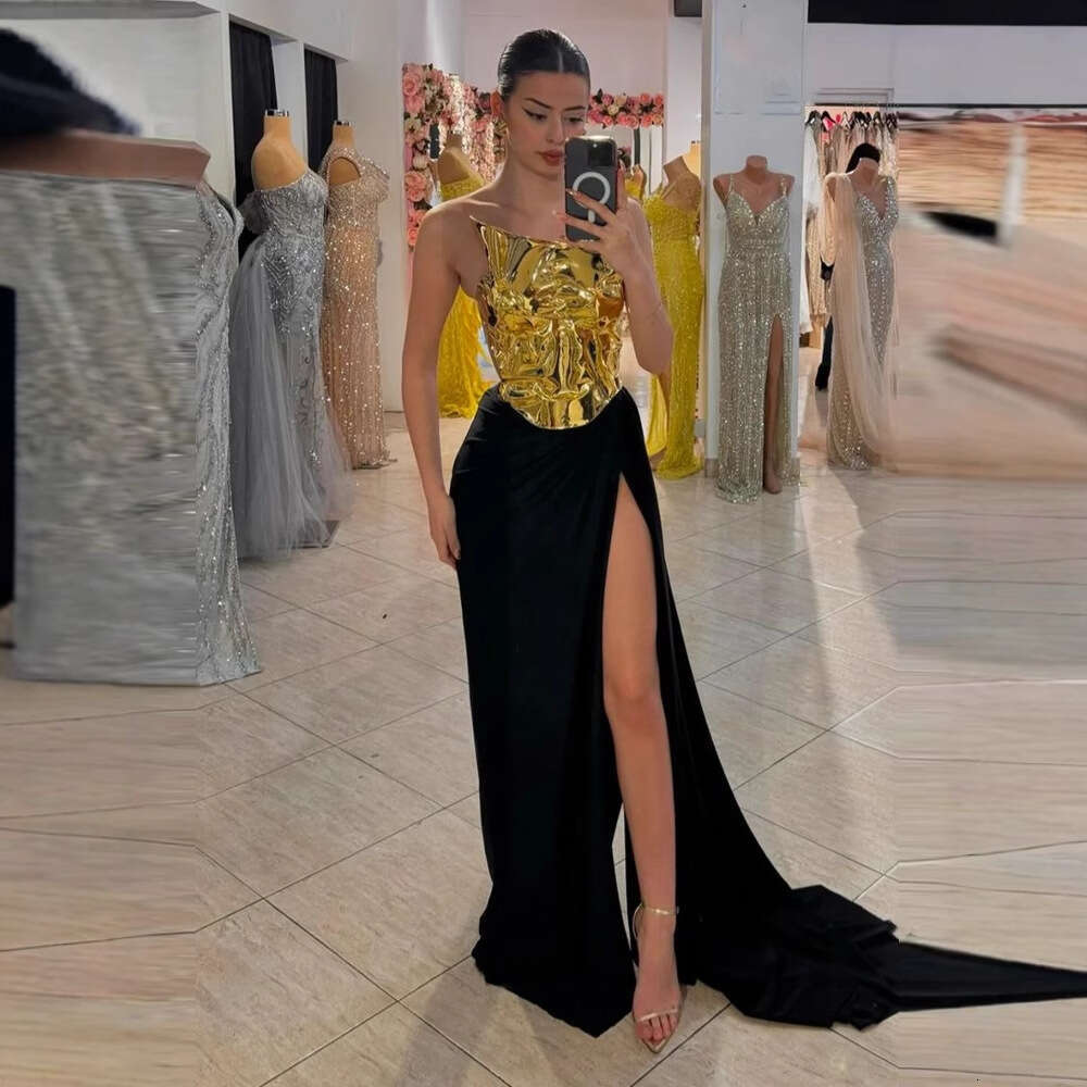 Halter Dress Metal Mirror Sexy High Slit Satin Skirt Fashion Design Evening Dress Maxi Dress