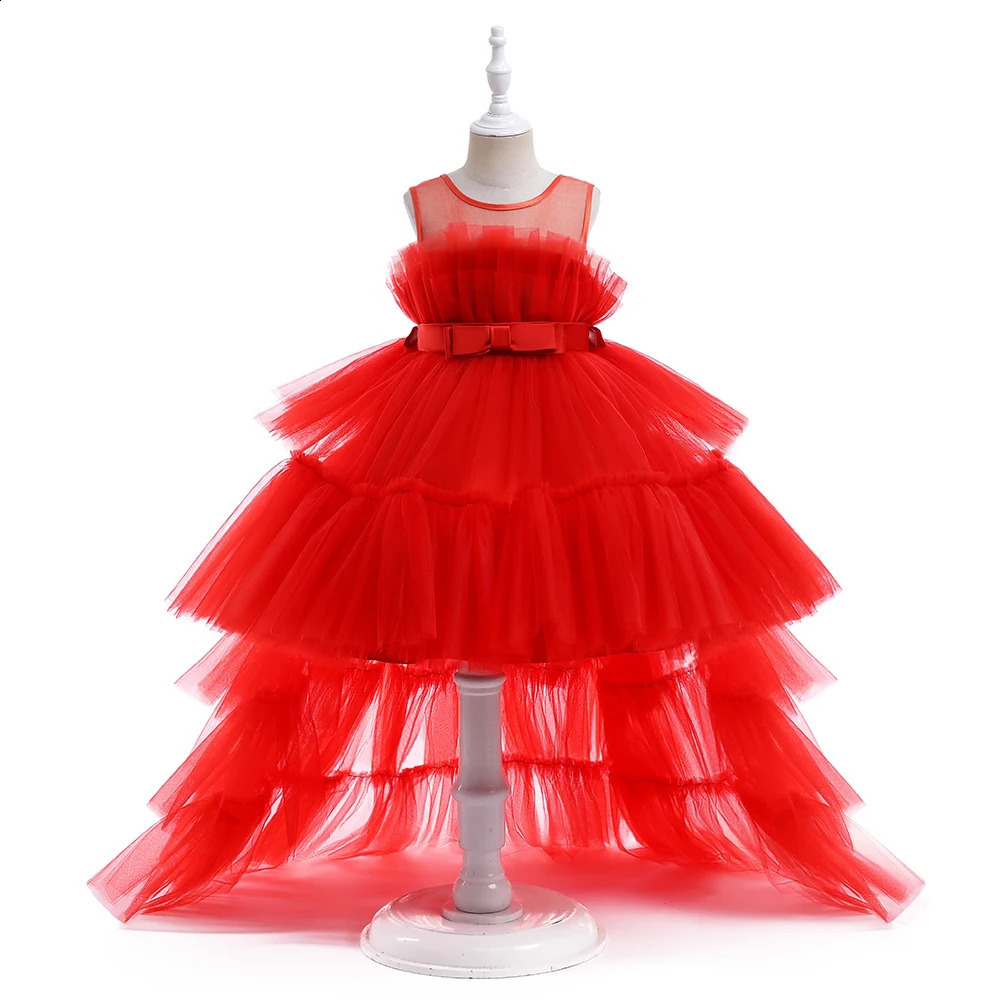 Red Puffy Tulle Flower Girls Dress Trailing First Communion Party Dresses For Girl Children Costume Princess Birthday Clothes 250519