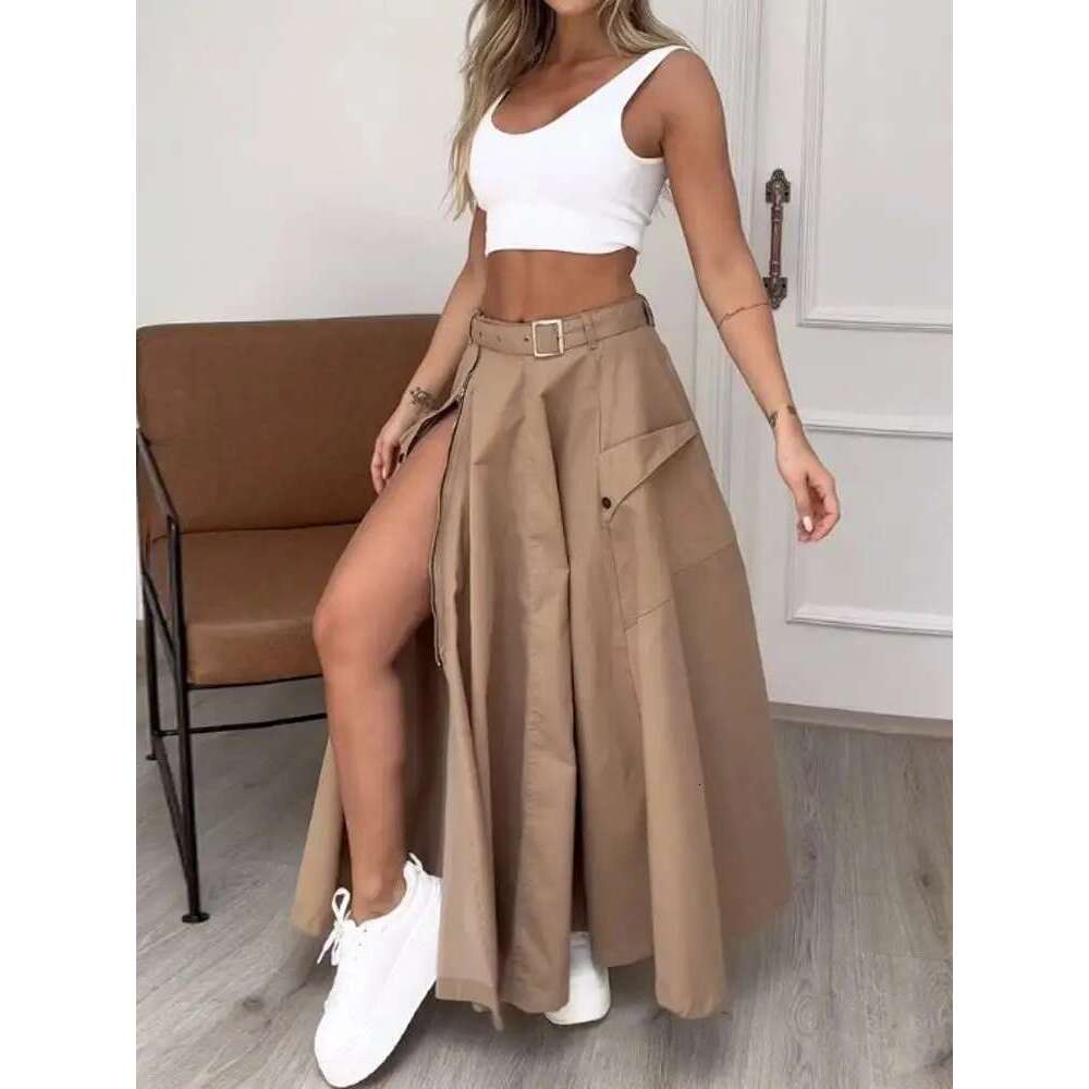 Sleeveless Solid Color Slit Two Piece Set High Long Skirt Summer Female Sweet Bra Naked Waist Chic Casual Beach