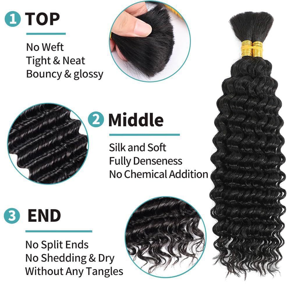 ViBESHiFT18-22 Inch Deep Wave Bulk Hair Extensions 100% Human Hair 12A Brazilian Virgin Hair for Women Seamless Look Party Daily Work