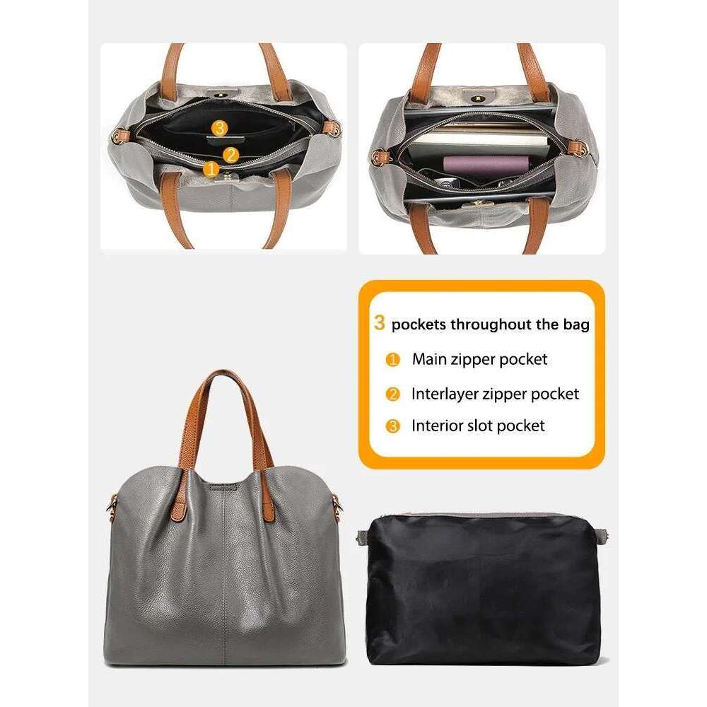 Zency Tote Bag Genuine Leather Women Large Composite Ruched Red Purse Top Layer Cowhide Shoulder Crossbody Handbag Versatile Sac