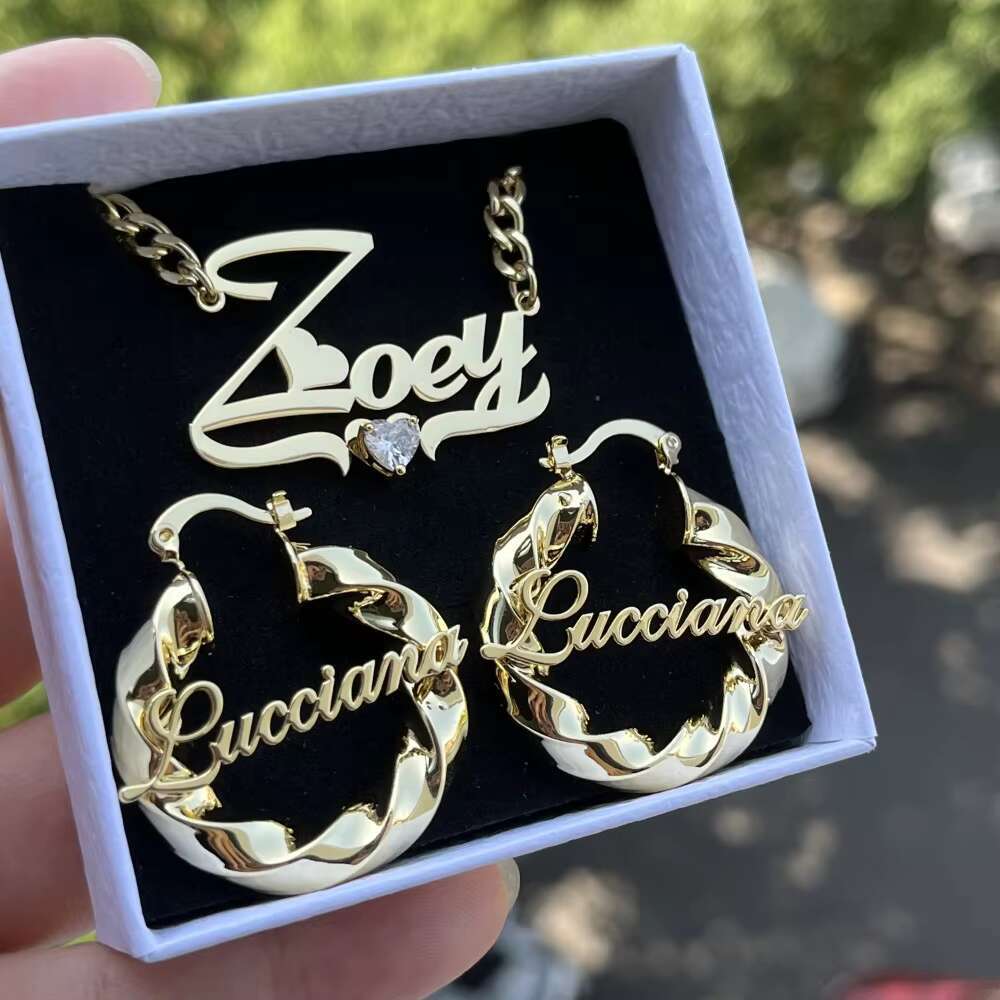 Autumn Cold Personalized Nameplate Heart shaped Zircon Necklace Letter Circle Earring Name Jewelry Set