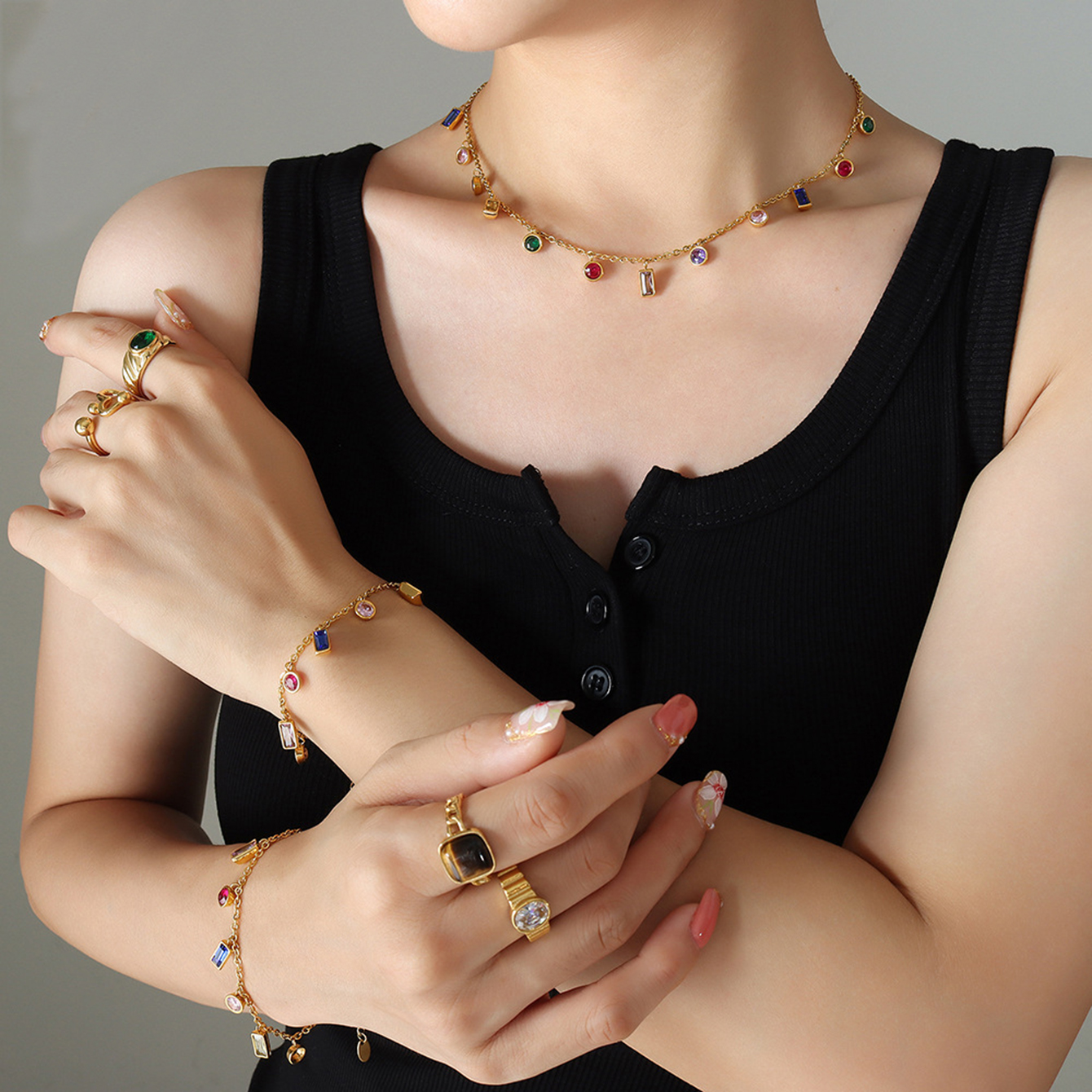 Gold Charm Pendent Choker Necklace Bracelet for Woman, Boho Dainty Gemstone CZ Rhinestone Dangle Chain Necklaces Bracelet Prom Fashion Jewelry Wedding