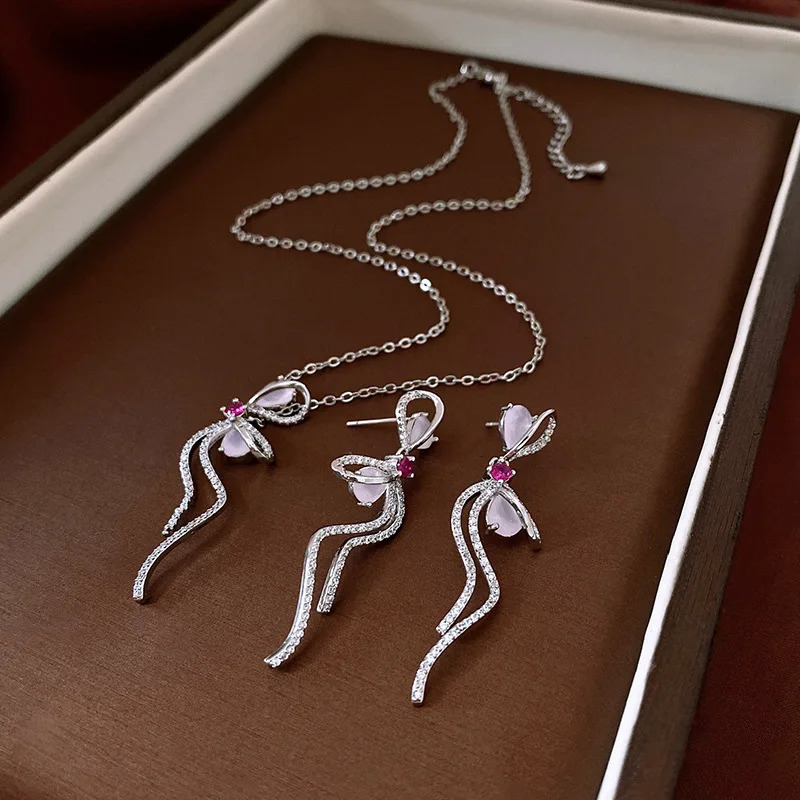 NISHIZAWA Zircon Oil Drop Bowknot Pendant Necklace Earrings Set Korean Clavicle Chain Jewelry Women 250520