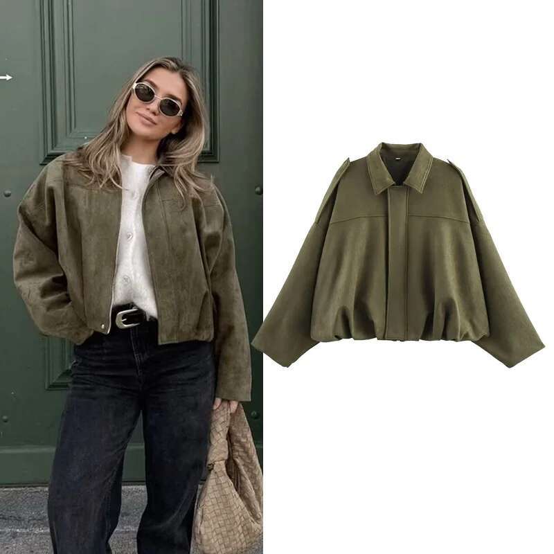 RAFZNB Women's Bomber Jackets Fashion Turn-Down Collar Long Sleeve Loose Coats Vintage Female Outerwear Chic Tops