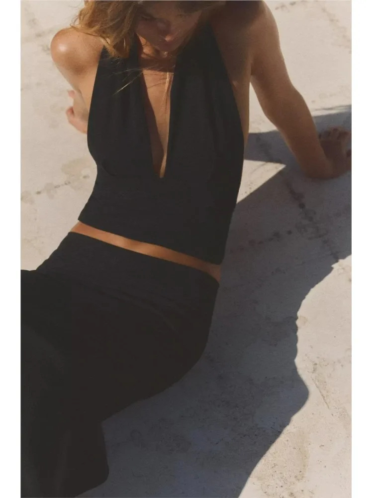 TRAF Elastic Midi Skirt Set Women 2 Piece Halter Backless V Neck Womens Top High Waist Skirts Two Outfit 250520