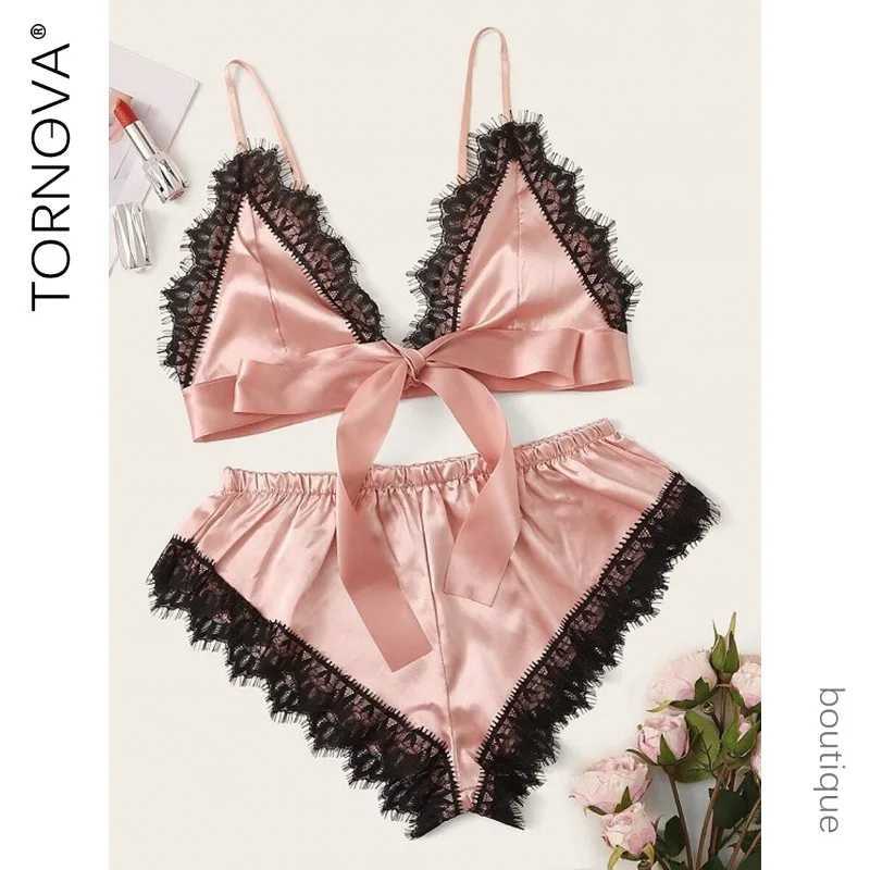 Sexy Lingerie Suit for Women Knot Lace Up Lace Patchwork Sexy Contrast Color 2-piece Pajamas Set Sexy Underwear New R250520