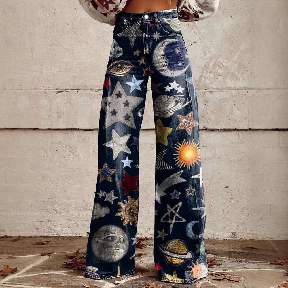 Women's Casual High-Waisted Wide-Leg Jeans - Printed Stretch Design for All-Day Comfort
