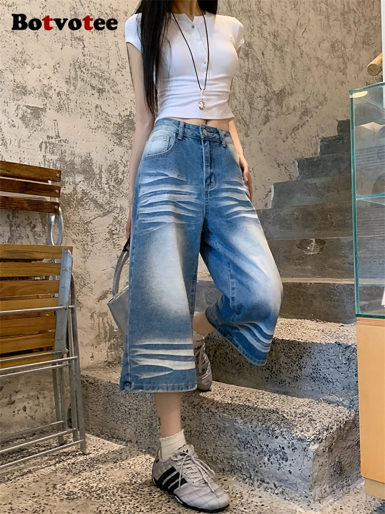 Botvotee Scratched Washed Calf Length Jean High Waisted Baggy Denim Pants Summer Y2k Fashion Causal Loose Oversized Jeans 250513