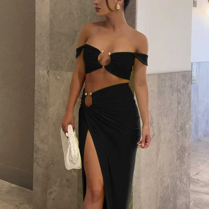 Womens Patchwork Two Piece Set Laceup Sleeveless Halter Cropped Vest TopSlim Long Skirt Female Beach Holiday Outfit 250520
