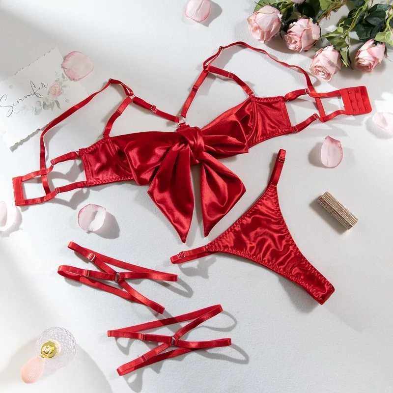 Sexy Bowknot Lingerie Set 3 Pieces Underwear Open Bra Lace Up Thong and Garter Satin Sets Play Sex Outfit R250520