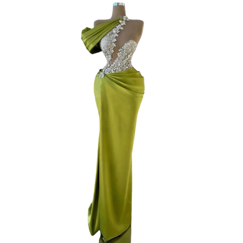 Modern Olive Green One Shoulder Prom Dress Lace Appliques Crystals Beaded Formal Party Gown Floor Length Illusion Evening Dresses Custom Made