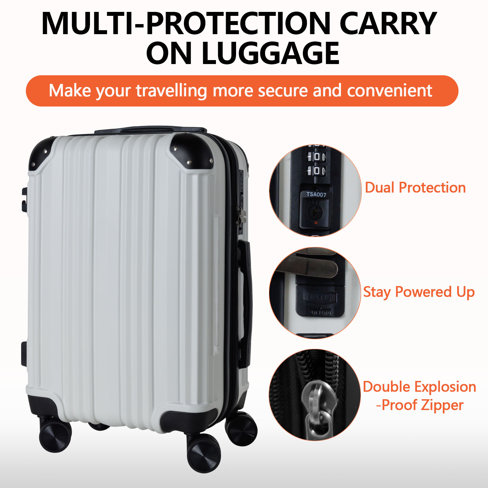 20" White Expandable Carry-On Luggage Set with USB Port - Business & Travel Suitcase suit case maleta koffer with TSA lock