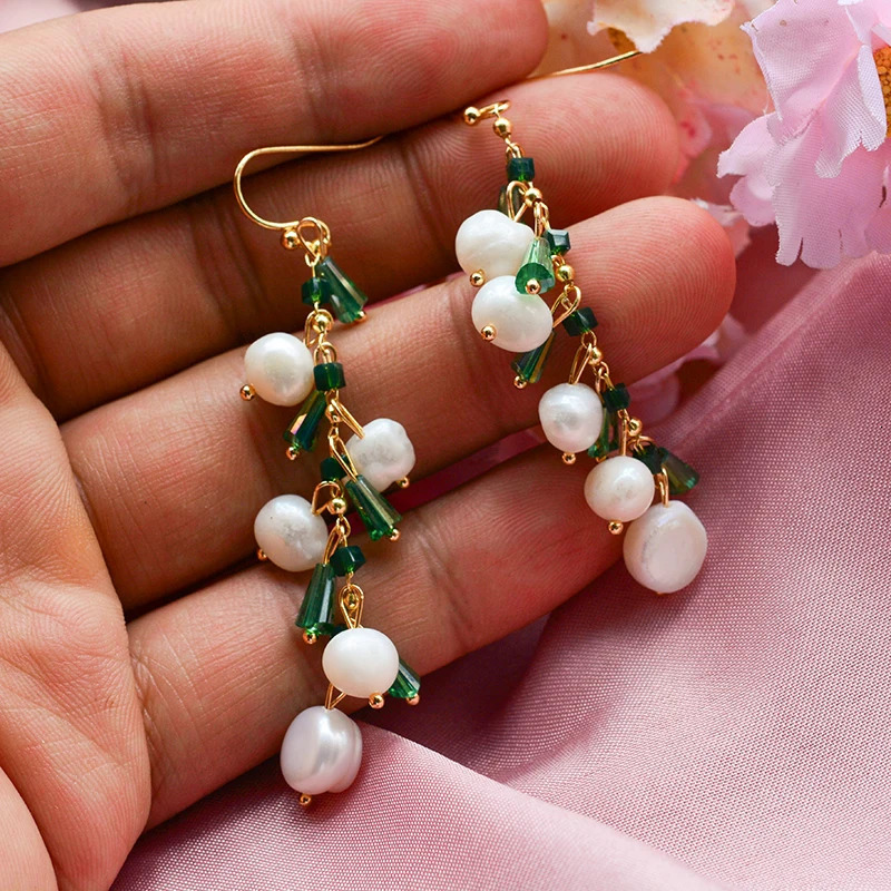 Arrival Trendy Green Crystal Natural Freshwater Pearl 14K Gold Filled Female Tassels Drop Earrings Jewelry For Women Gifts 250517
