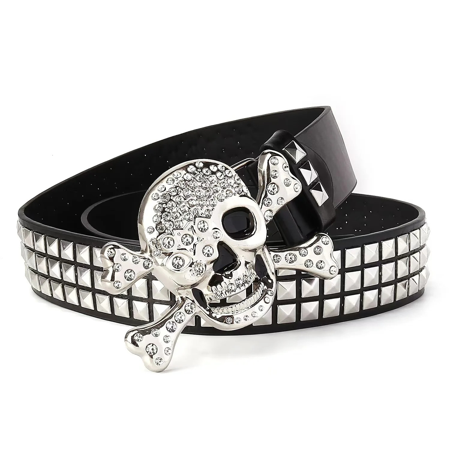 Skull Studded Belts Y2K Punk Hip Hop Faux Leather Grommet Belts for Halloween Cosplay 250519