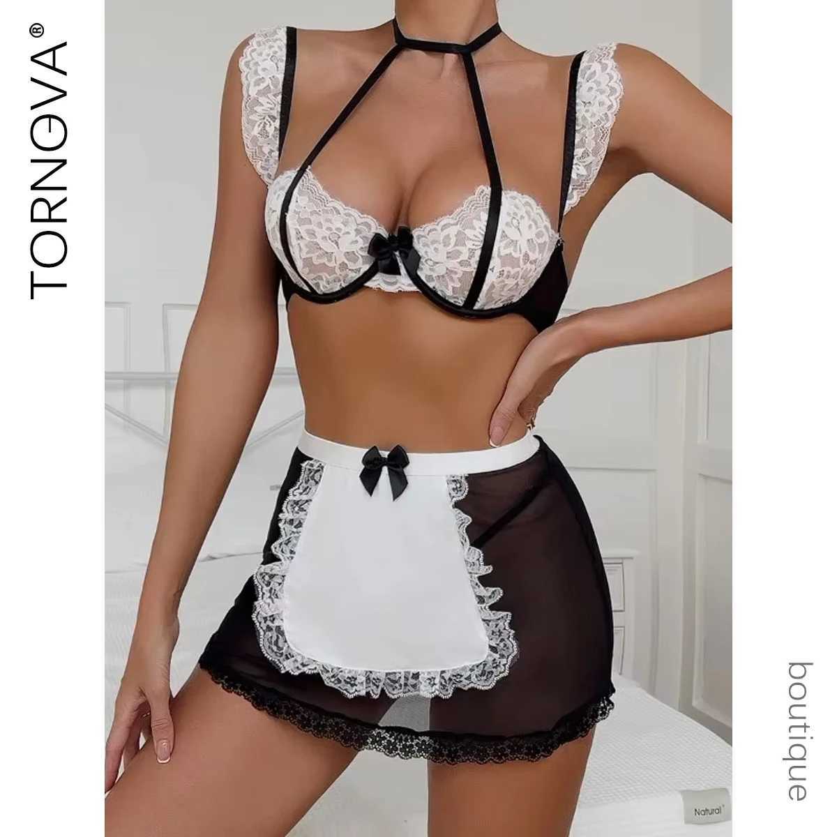 Sexy Lingerie Lace Contrast Color Bra Set for Women Sexy Halter Mesh See-through Slim Uniform Underwear Set New R250520
