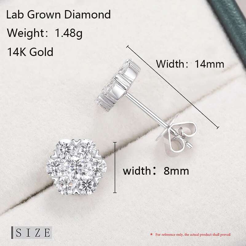 14K White Gold Stud Earrings For Women Men Honeycomb Flower Lab Grown Diamond Round Ear Studs Fine Wedding Birthday Jewelry Gift
