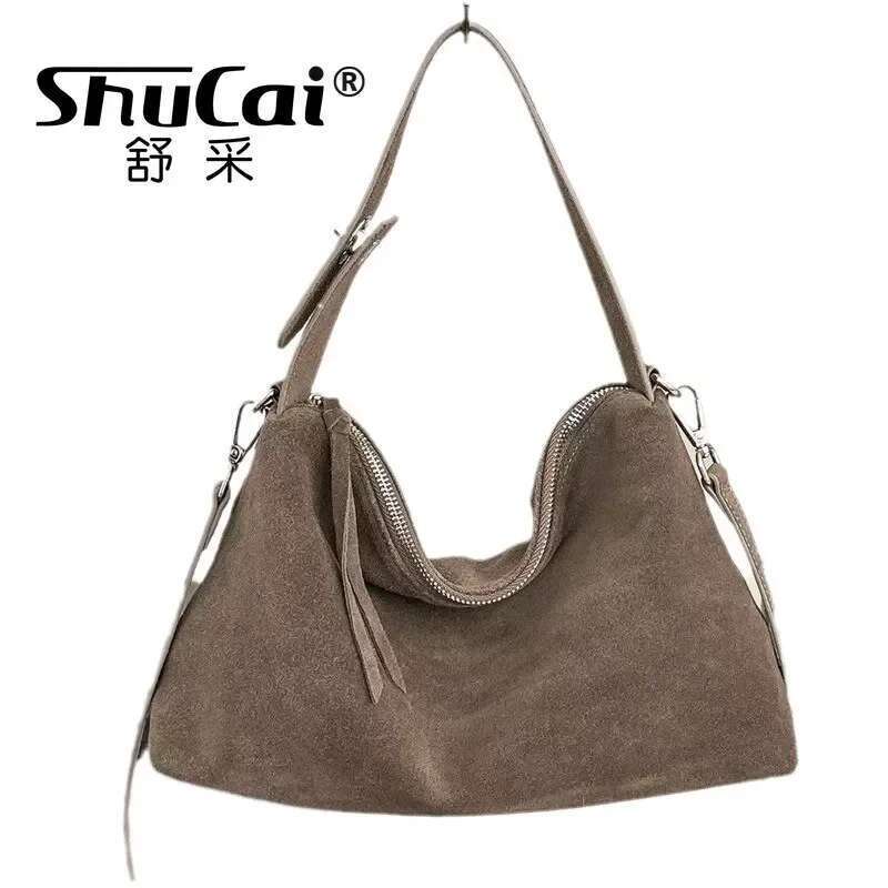 Genuine Fashion Autumn Winter Boston Tote Soft Matte Suede Cow Leather Women's Handbag Shoulder Crossbody Bag For Women