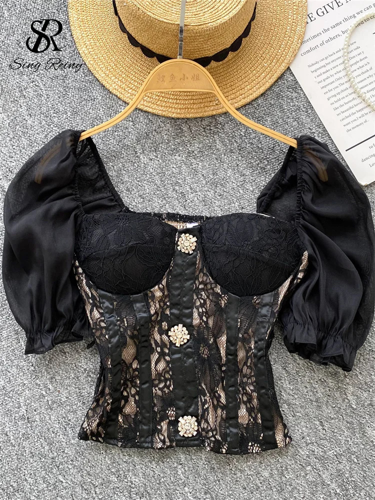 SINGREINY Fashion sweet Lace Blouse Women Sqaure Neck Puff Sleeves Buttons n Top Pleated Skinny Solid Frence Sweet Shirt 250520