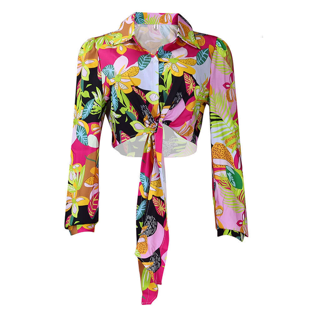 Women's Wear New Fashion Women's Printed Polo Collar Tie Up Long Sleeved Shirt