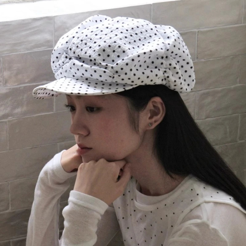 Ins Fashion Polka Dot Print Oversized Cloud Octagonal Hats Women Summer Thin Breathable Versatile Show Face Small Berets Cap Y2k 250520