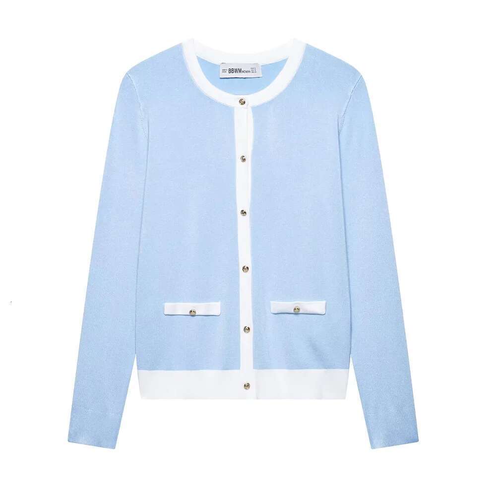 Office Lady Baby Blue Pink Two Color Round Neck Long Sleeves Single Breasted Women Slim Knit Cardigan Sweater ZATT 2025 Spring