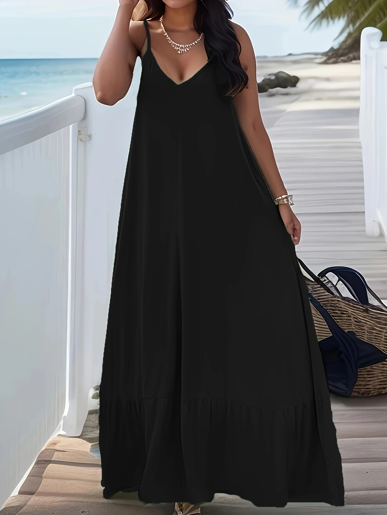 European and American Plus Size womens cross-border summer V-neck solid color suspender dress 250519