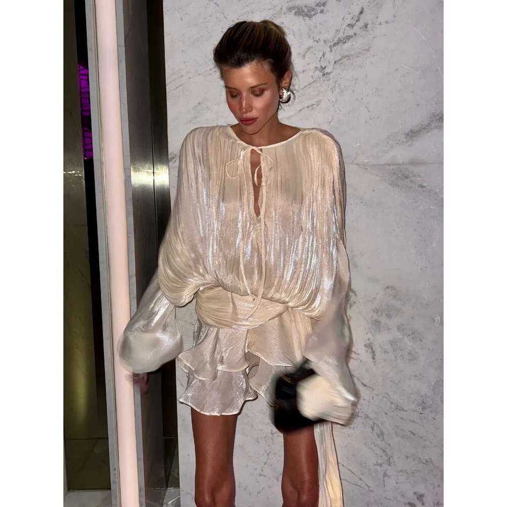 Fashion Women's Ruffles Short Dress Elegant Round Neck Lace Up Lantern Long Sleeve Mini Vestido Chic Female 2025 Solid Dresses Designer