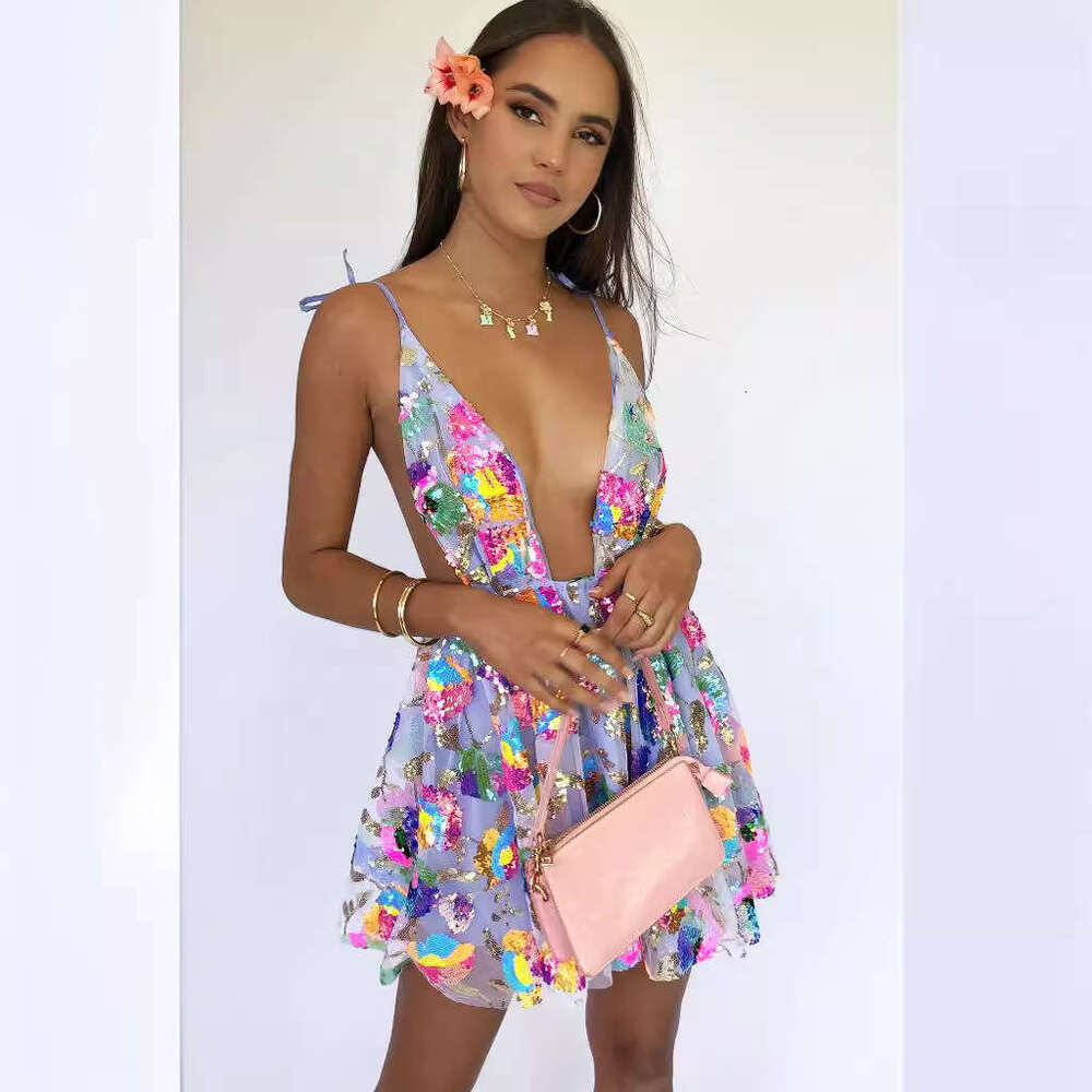 Design 2025 hot selling deep V backless sequins floral lace up women's sexy short skirt dress birthday party temperament versatile new trendy clo