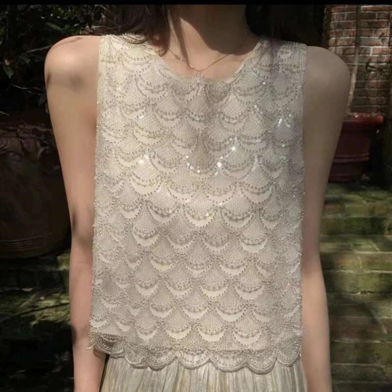 Bling Sequined Tanks Tops Women Fashion Heavy Industry Double-Sided Vest Vacation Leisure Beaded Chiffon Top