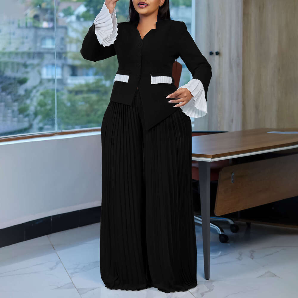 Women's Wear D3328 Plus Size Fashionable Women's Flared Sleeve Top, Pleated Wide Leg Pants Set, Color Blocked Two-Piece Set