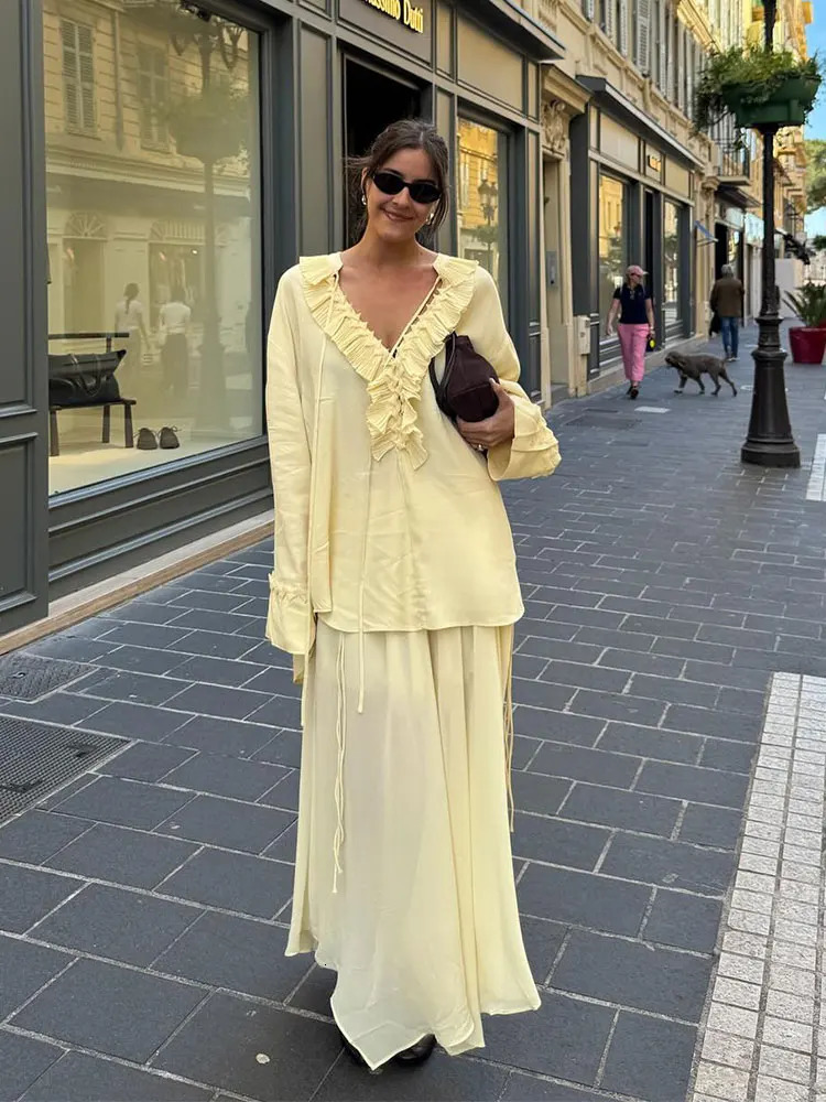 TRAFZA Women Yellow 2 Piece Set Elegant Ruffled Laceup Shirts High Waist Pleated Midi Skirt Summer Lady Street Outfits 250520