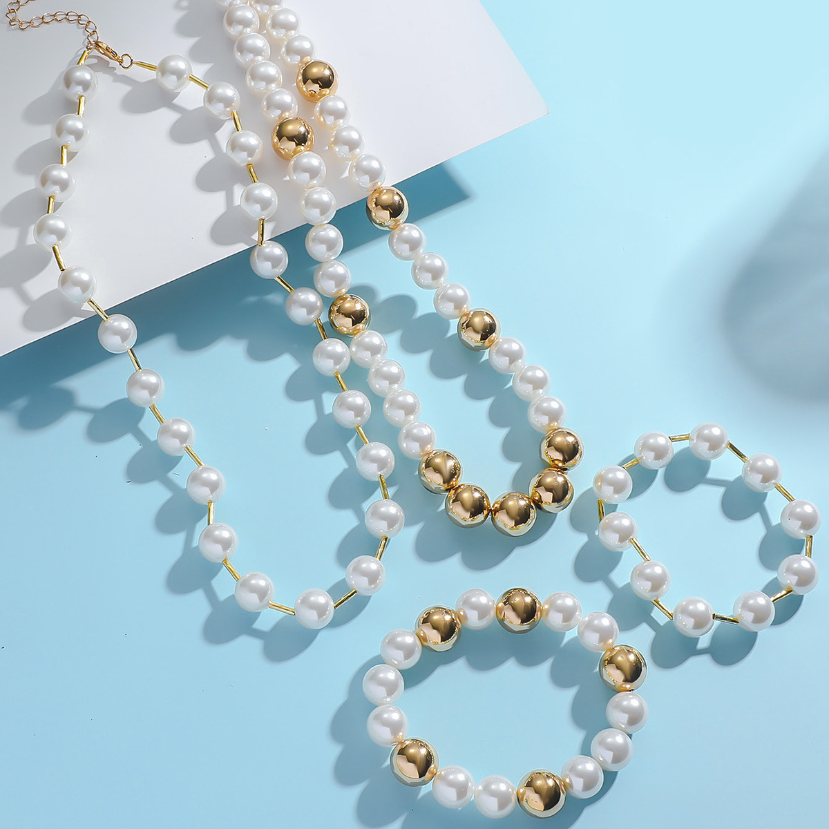 New fashion handmade bead imitation pearl necklace, men's and women's personalized high-end collarbone chain set, bracelet accessories