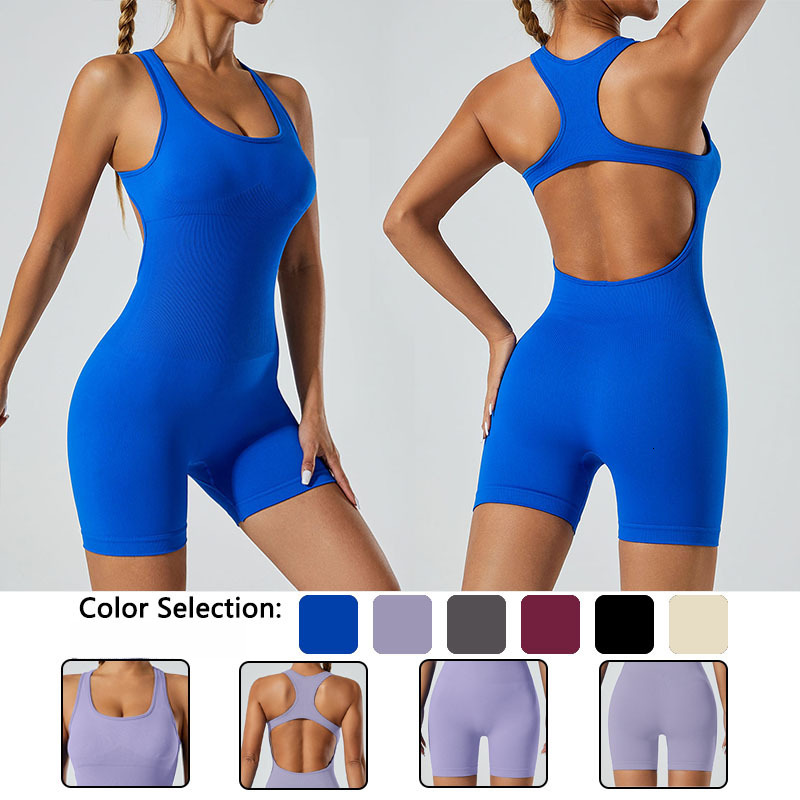 Seamless backless lifting buttocks slimming fitness pants high elasticity sports yoga suit jumpsuit shorts