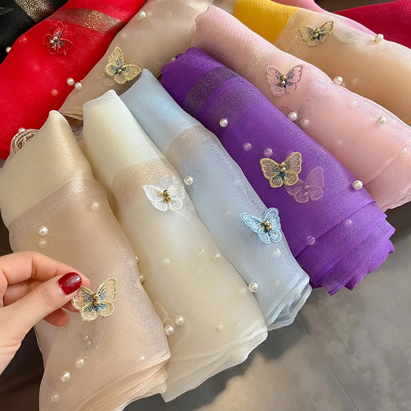 Women Fashion Butterfly Embroidered Scarf Plain Solid Silk Linen Shawls Scarves Summer Lady Bandanas Foulard Hijab 250517