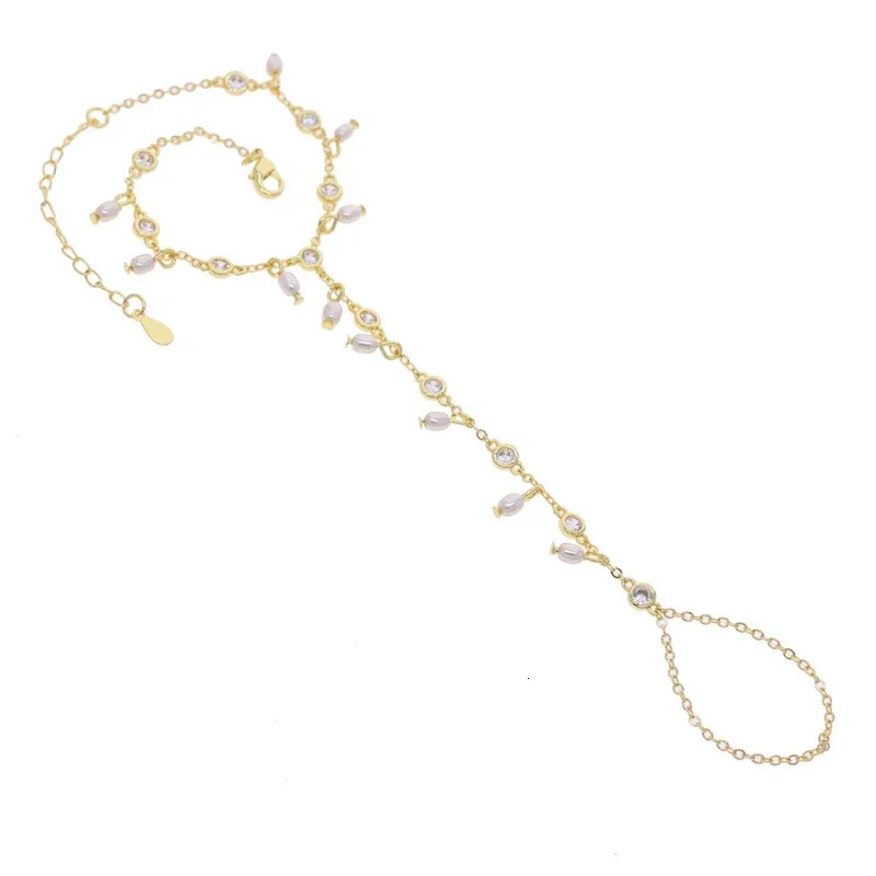 Gold Color Geometric Bezel CZ White Flash Pearls Beaded Drop Charm Tassel Elegance Women Hand Chain Bracelet 250520