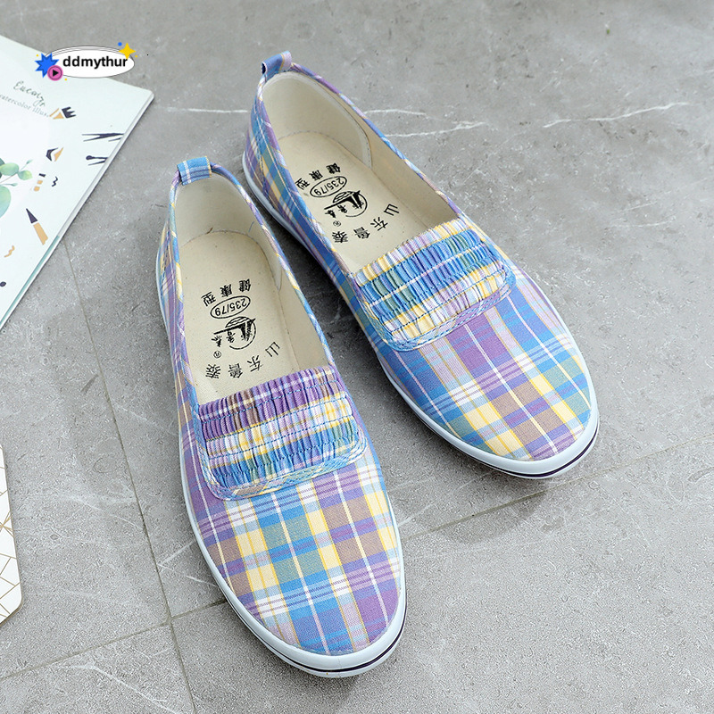 Lutai Mom's Soft Lightweight Cow Rib Sole Plaid Cloth Summer Middle and Old Age One Step Work Casual Women's Shoes ddmythur ddmythur