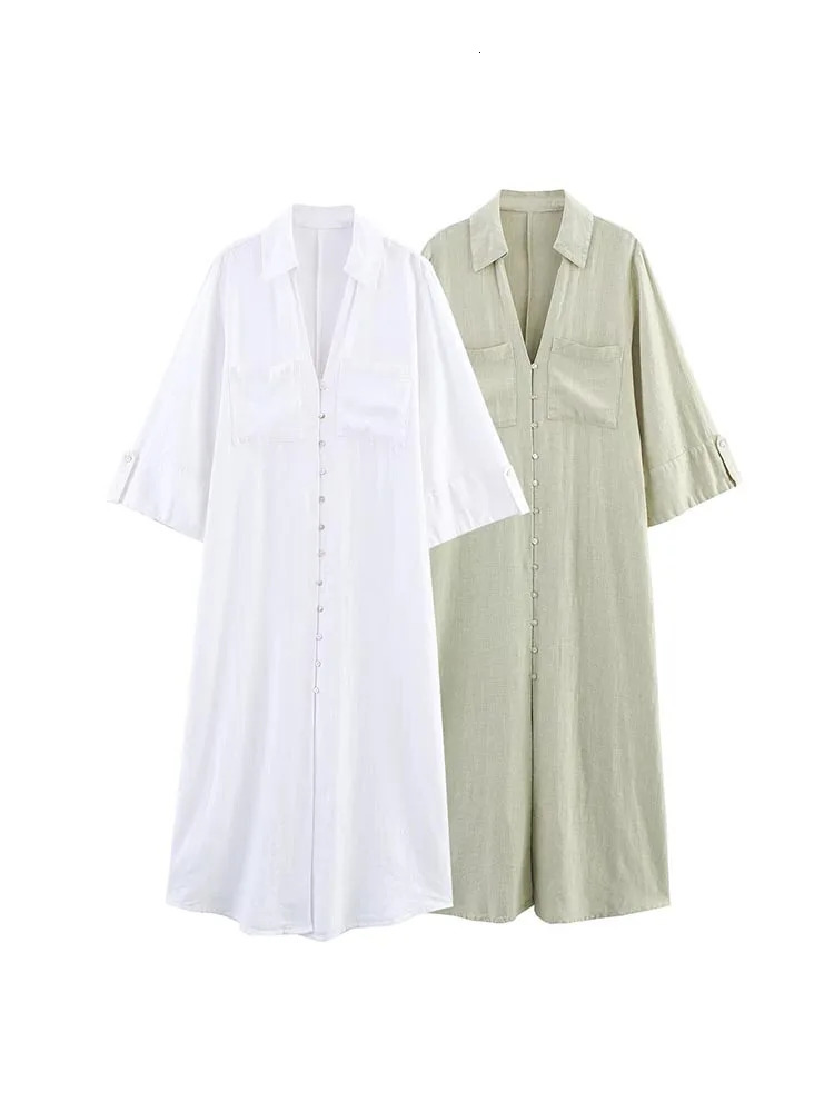 Women Summer Shirts Dress Vintage Solid Linen VNeck 34 Sleeve Loose Female Elegant Street MIDI Dresses Clothing 250520