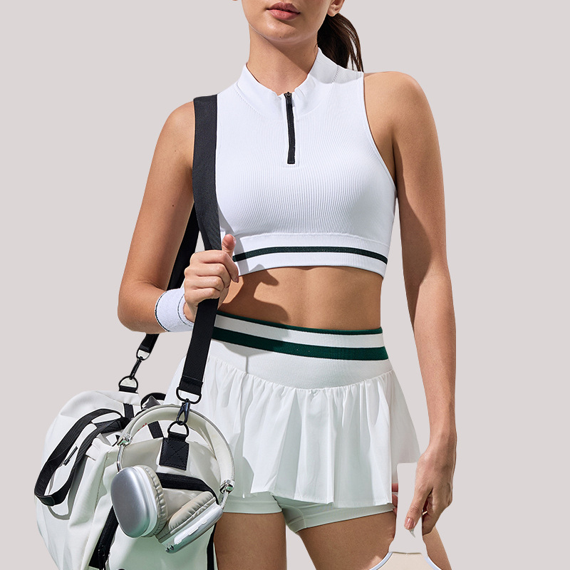 Semi-Open Zipper Threaded Sports Yoga Vest No Rim Running Fitness Tennis Training Sports Underwear