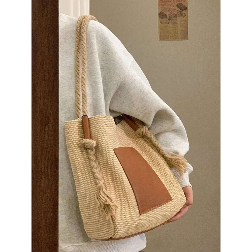 PU Leather Bucket Shoulder Bags For Women Woven Rope Hand Female Large Handle Bag Purse
