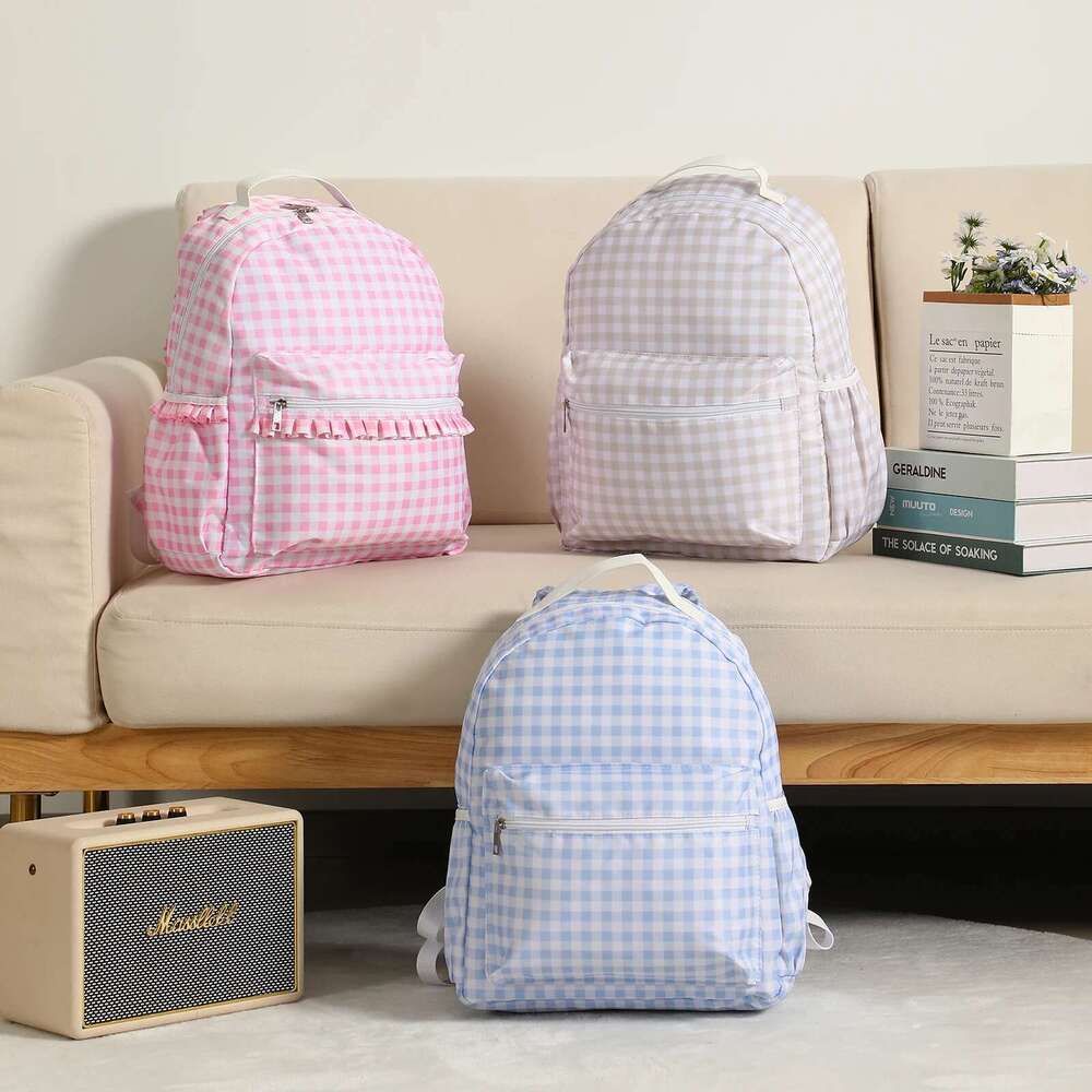 Ruffle Plaid Backpack Girl Pink/Blue Nylon Women Outdoor Travel Weekend Book Schoolbags Back To School Gifts For Kids