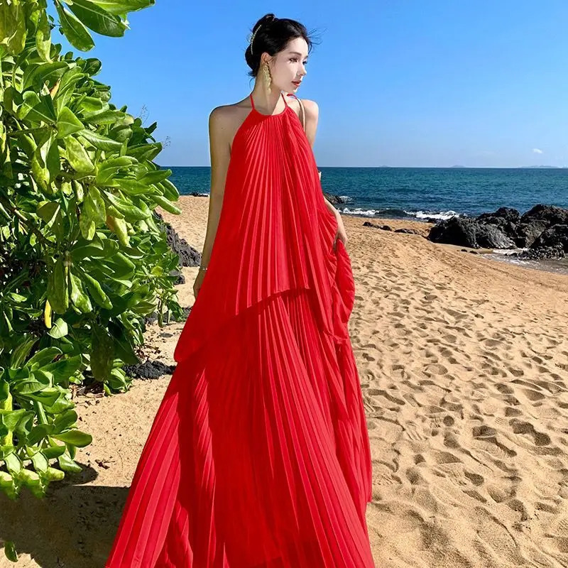 Womens Sexy Halter Laceup Backless Elegant Party Long Dresses Summer Solid Sleeveless Fairy Beach Vacation Pleated Maxi Dress 250520