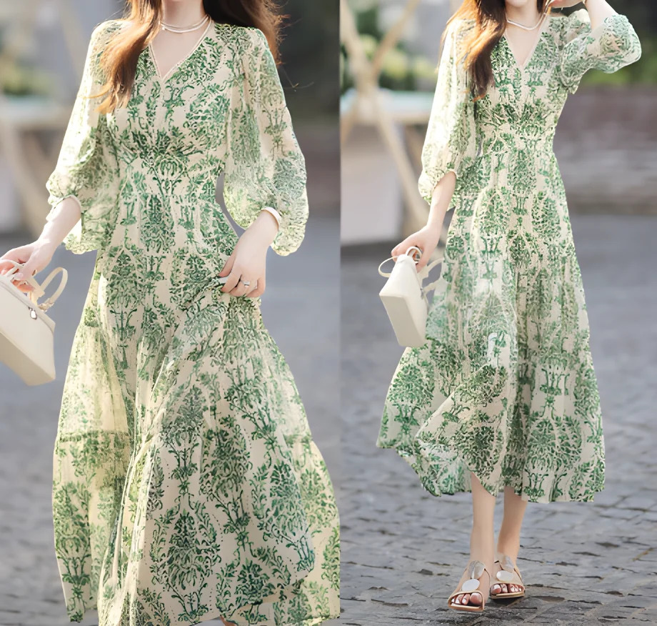 French floral dress summer fashion womens lantern sleeve Vneck waist slimming garden wind small fresh 250520