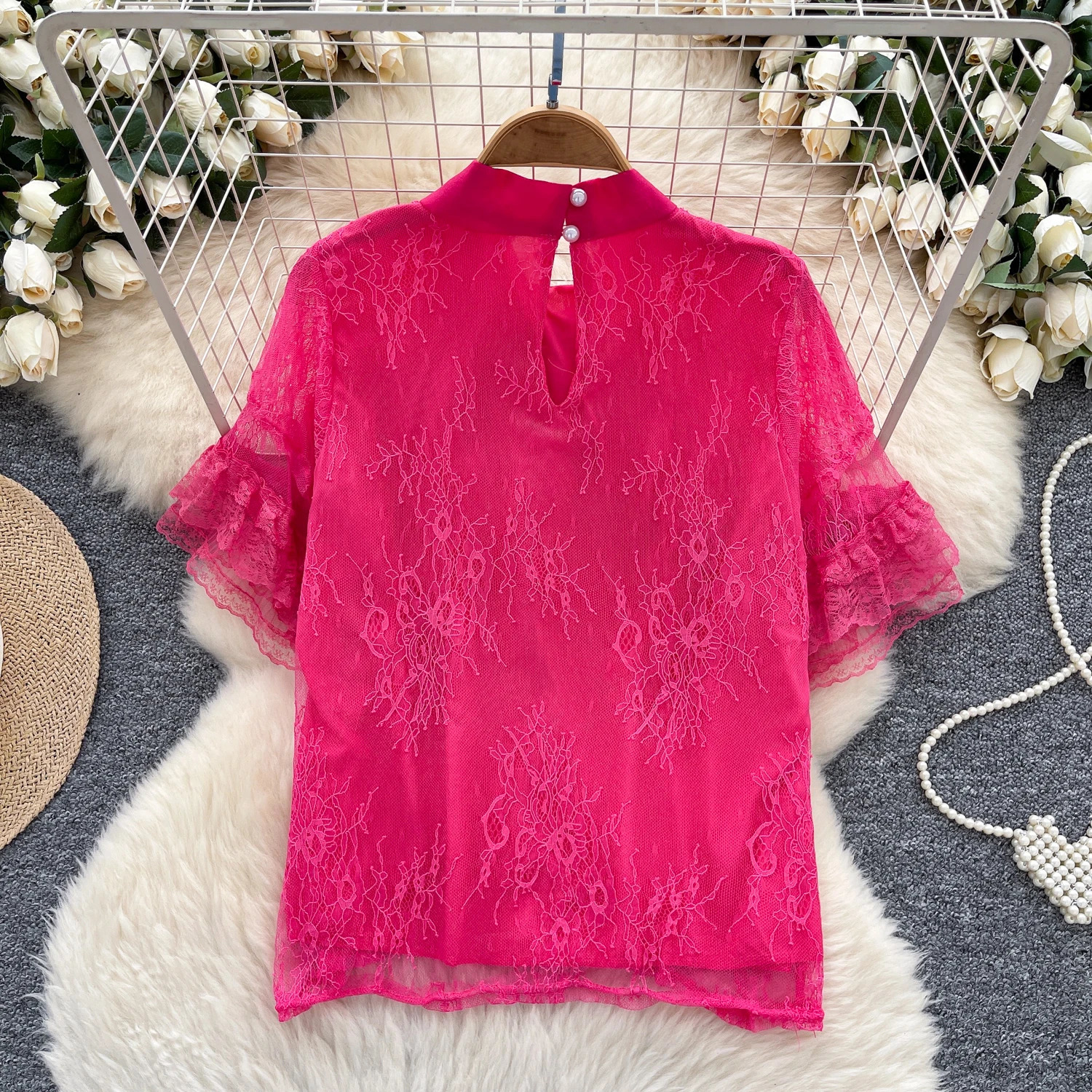 Chic Oneck butterfly lace short sleeve Elegant Fashion Sexy Shirt Women Blouse 250520