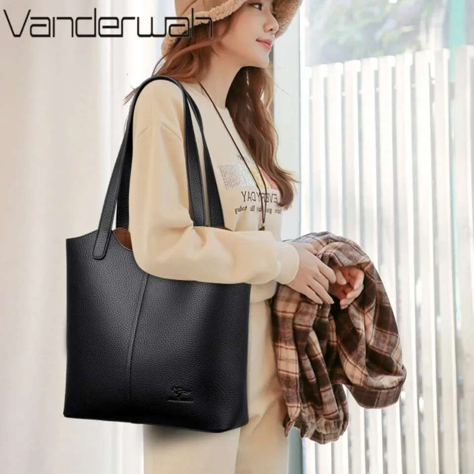 Genuine Brand Soft Leather Shoulder For Women Casual Tote Bag Female Solid Color Purse Simple Design Handbag Commuting Sac