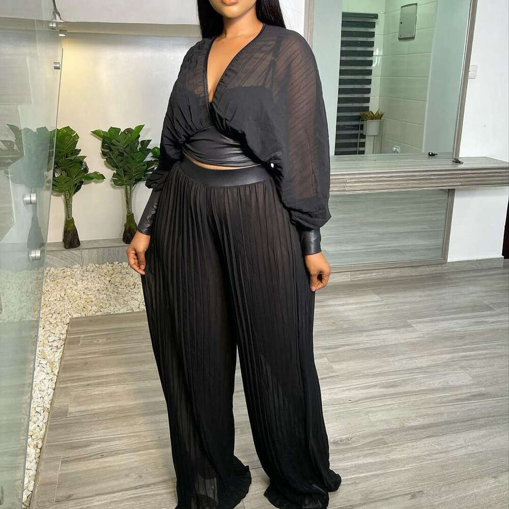 Women's Wear Women's Summer Long Sleeved V-Neck Bat Sleeve Top Folded Hundred Pleats Wide Leg Pants Two Piece Set