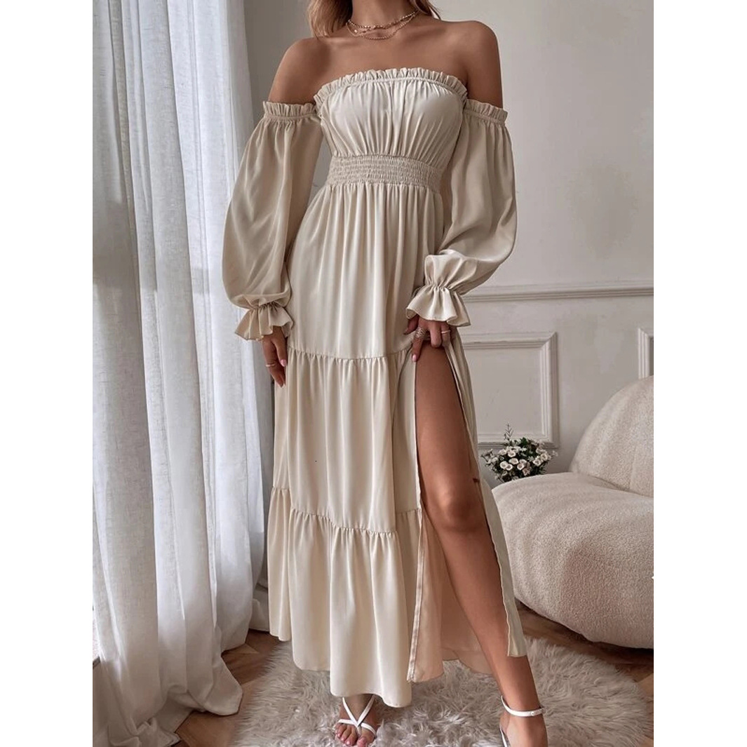 Designer Dress 2025 New Dress With Exposed Shoulder Lotus Leaf Edge Long Sleeved High Seam Dress, Spicy Girl Plus Size Dress