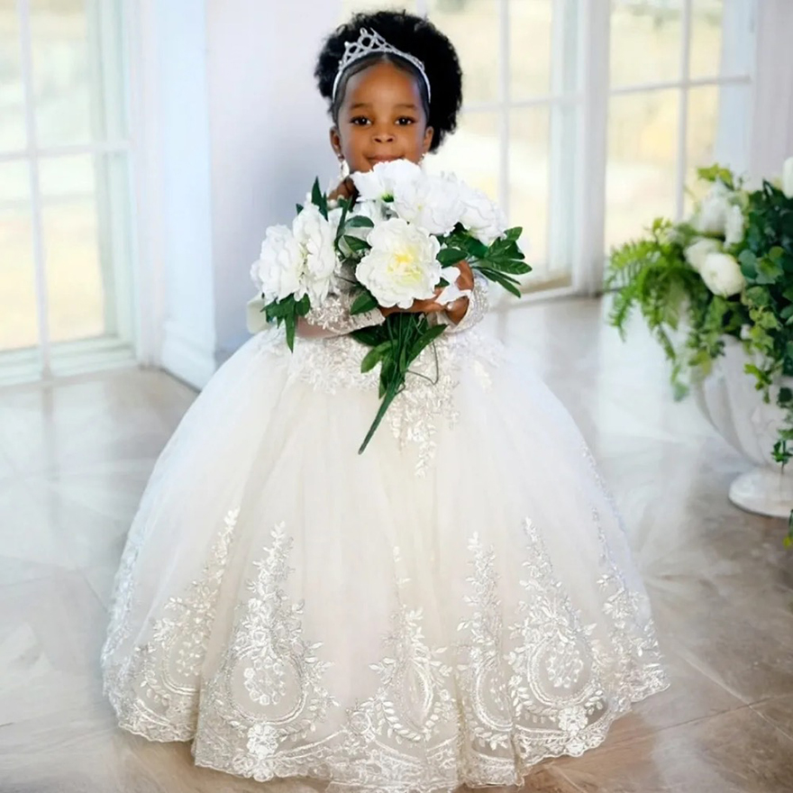 African White Ivory Flower Girl Dresses for Bride Jewel Long Sleeves Appliqued Beaded Lace Tiered Tulle Flowergirl Dresses Little Kids Birthday Party 
