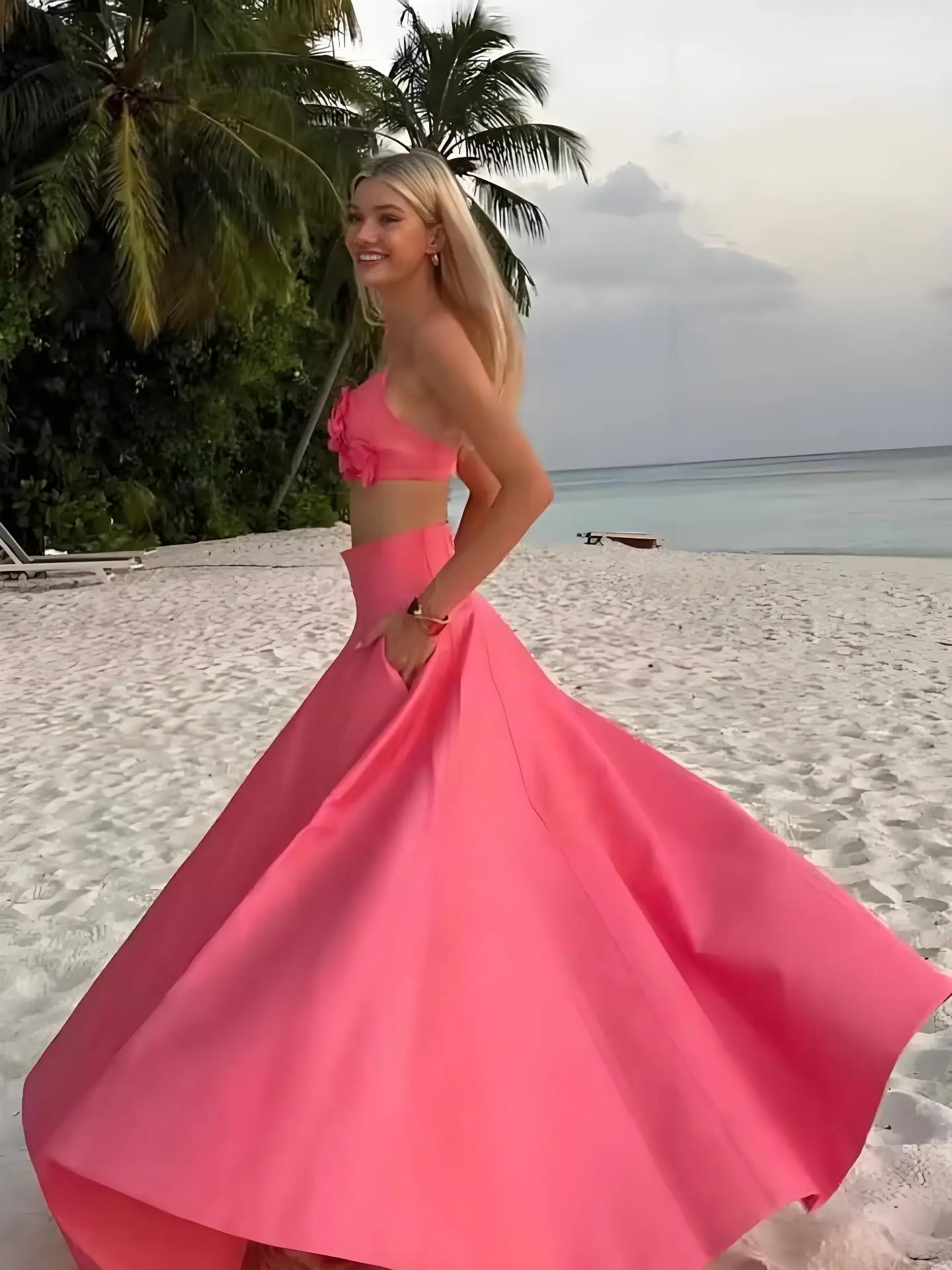 VEITCHE Spring Summer Women Pink Flower Cropped Top Skirt Set Fashion High Waist Long 2 Piece Suit Vocation Beach Outfit 250520