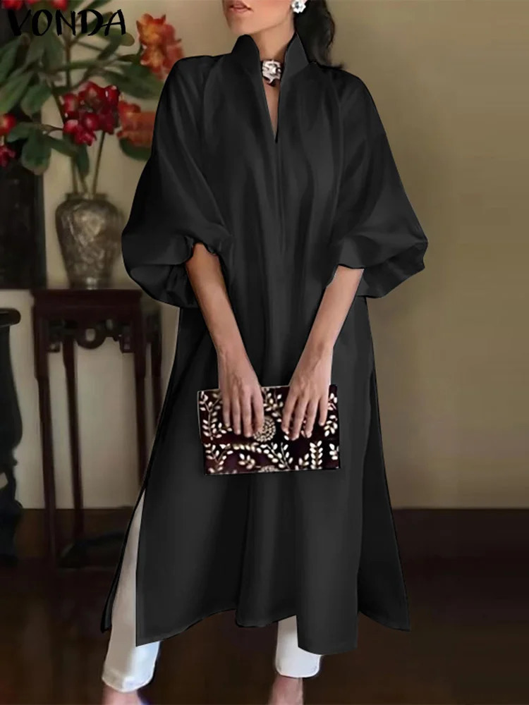 Plus Size 5XL VONDA Women Office Dress 2025 Long Maxi Sundress Casual Solid Color Elegant Elastic Loose A-line Dress Vestidos 250519